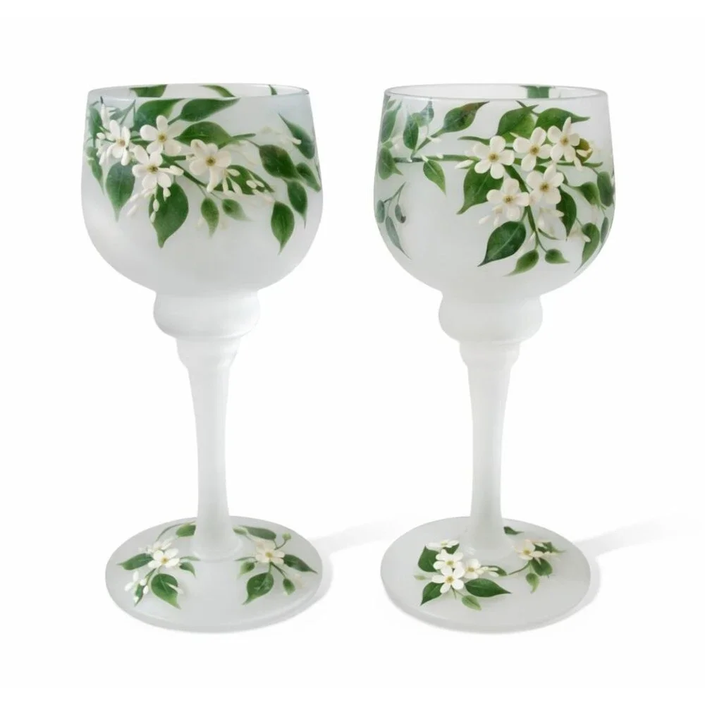 Two Frosted Hand Painted Floral Hummingbird Wine Glasses/Candle Holder 12oz 8